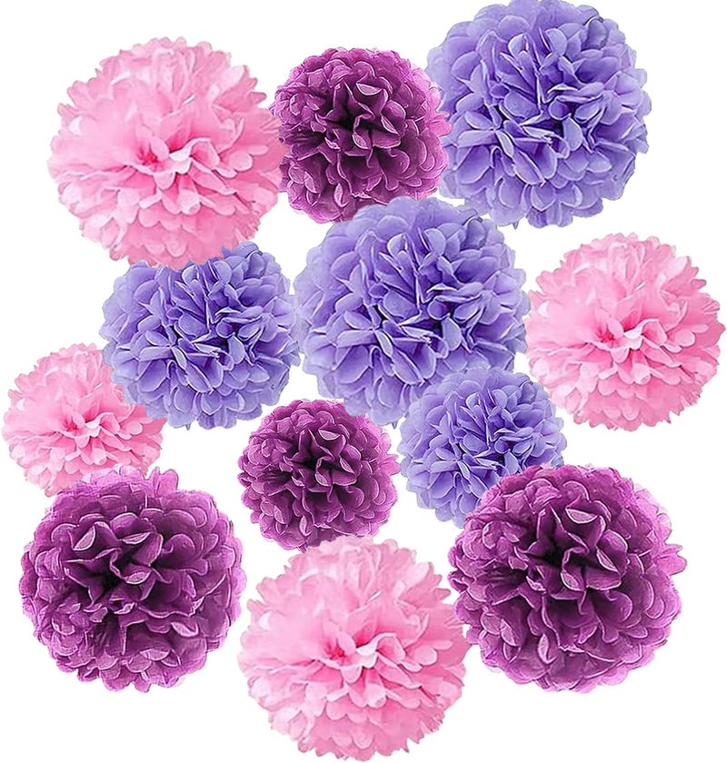 YESON Tissue Paper Pompoms Paper Flower 12 Pcs Pink,Lavender,Light Purple Paper Flower Ball for Birthday Bachelorette Wedding Baby Shower Bridal Shower Party Decoration - Image 1